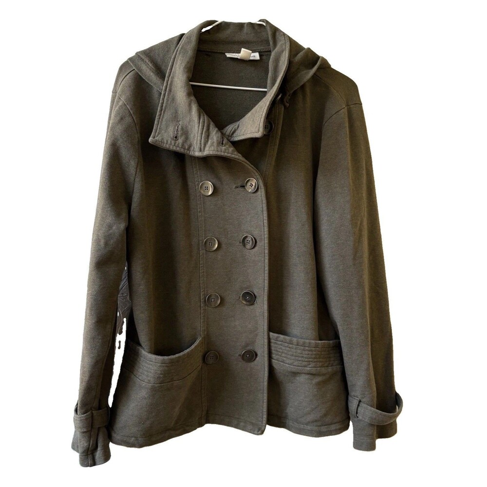 Coldwater Creek Women's Green Hooded Peacoat Jacket Button Front w/ Pockets L
